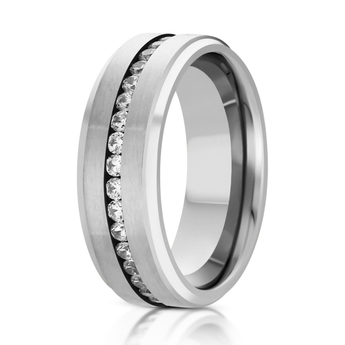 The Luster, a 8mm silver titanium ring with a brushed center and polished edges with CZ diamonds.