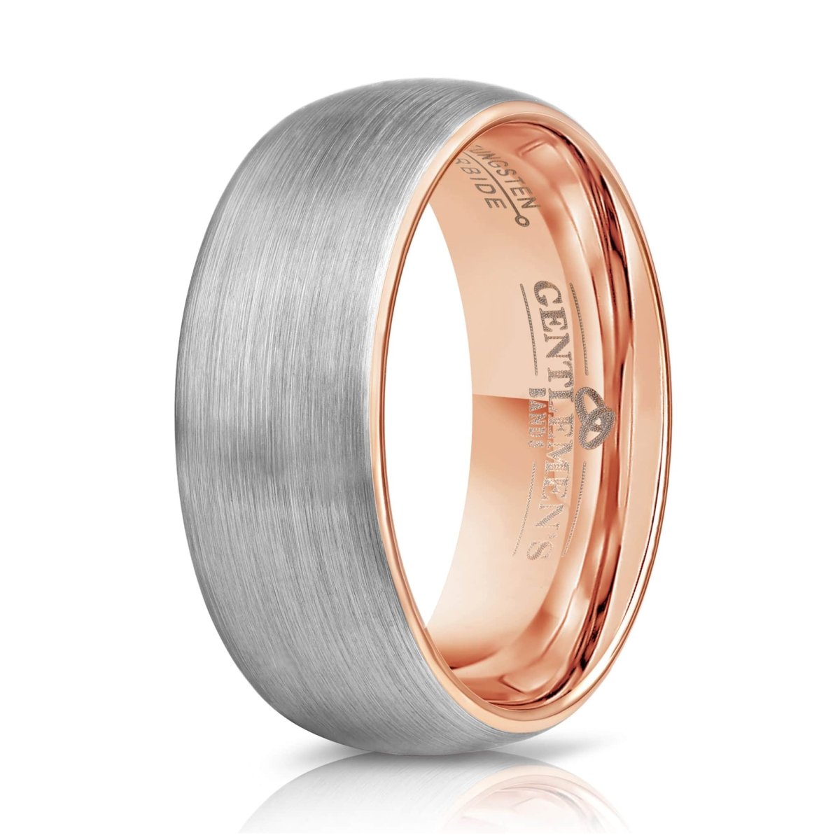 The MVP, this brushed silver tungsten ring with rose gold interior gives it a bold and unique look.