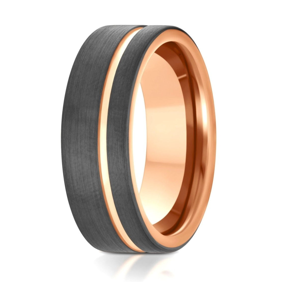 The Maestro a 8mm gray and rose gold tungsten ring that features a gray brushed finish and polished rose gold groove and band.