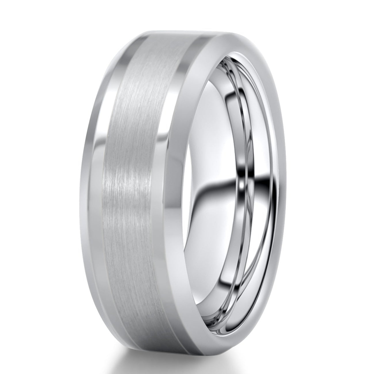 Silver tungsten carbide ring with brushed center and polished edges
