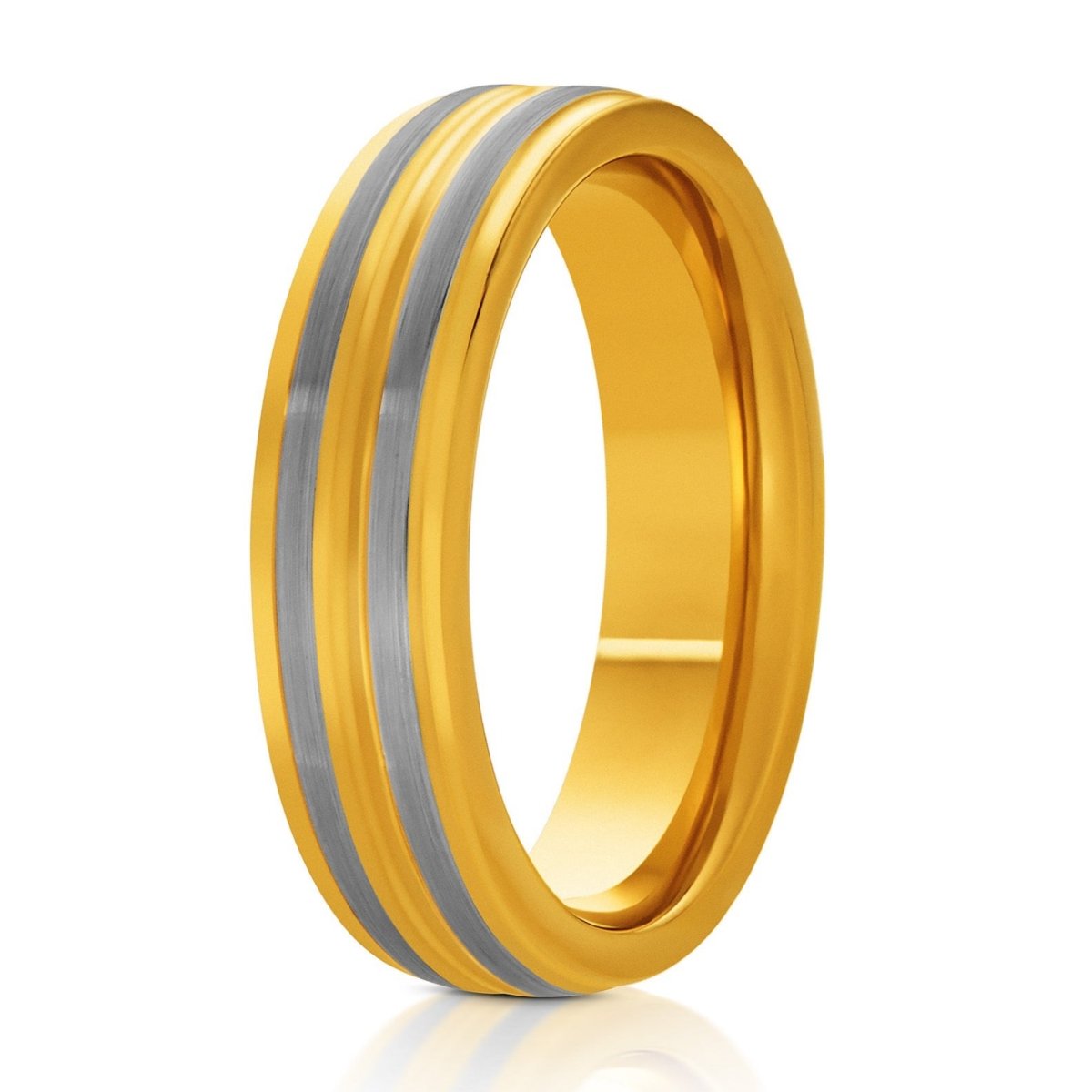 The Mariner, a 6mm gold tungsten ring with a polished finish and 2 gray brushed pinstripes in the center.
