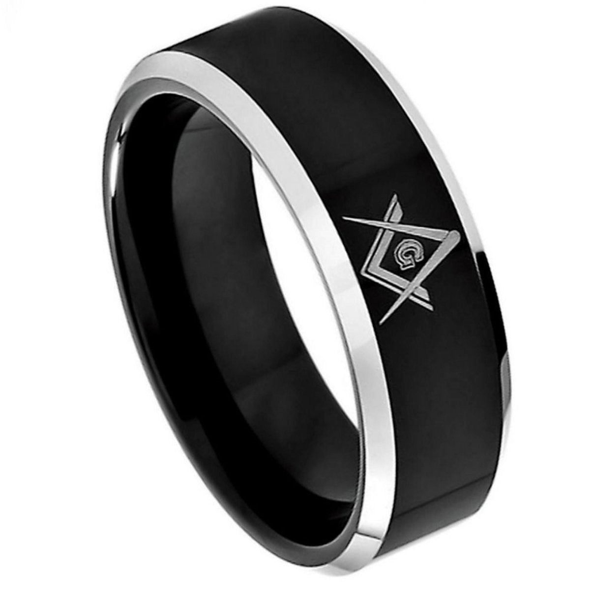 The Masonis, a 8mm polished tungsten ring with a black center with polished edges and a laser engraved Freemasonry Masonic Symbol Compass and square.