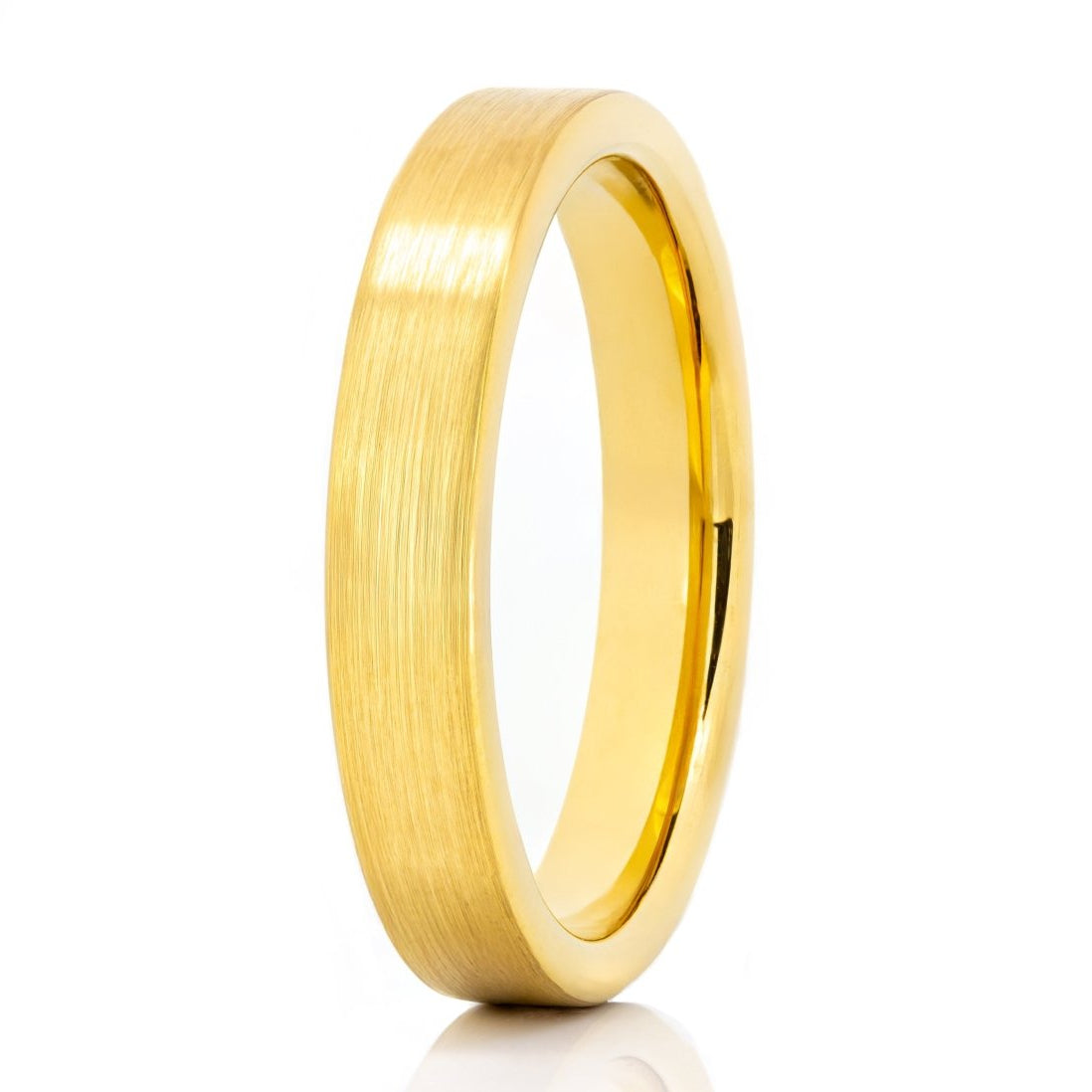 The Mikael, a 4mm gold tungsten carbide ring that features a brushed finish and pipe cut design.