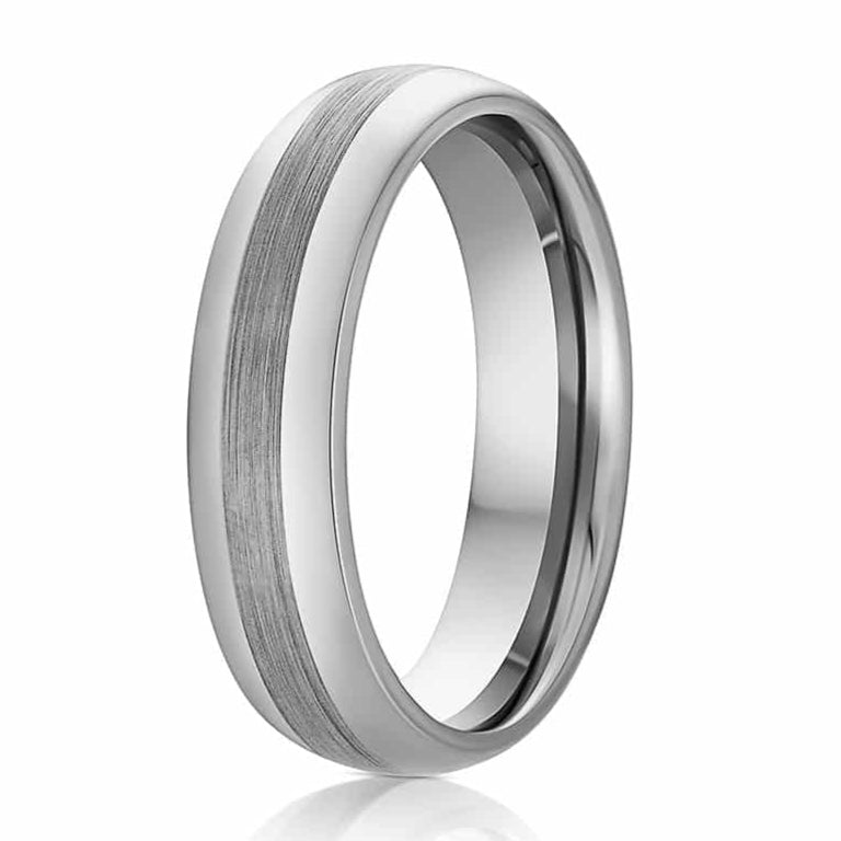 The Minimalist, silver ring with polished edges and brushed center on white background.