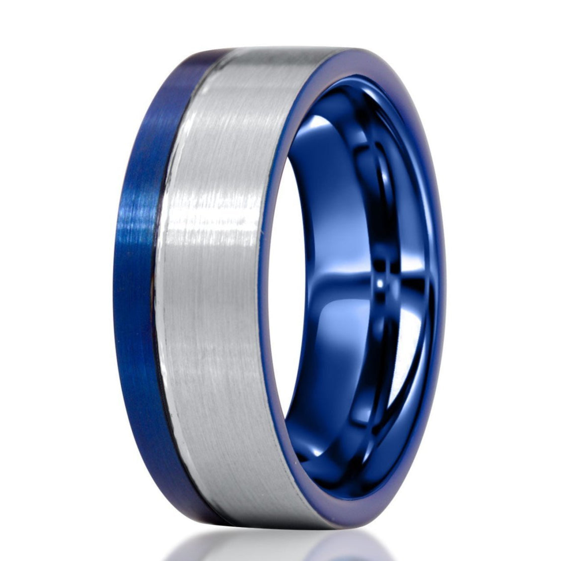 The Modern Blue, a silver and blue tungsten carbide ring with a brushed finish, a sleek, polished band, and an off-center groove.