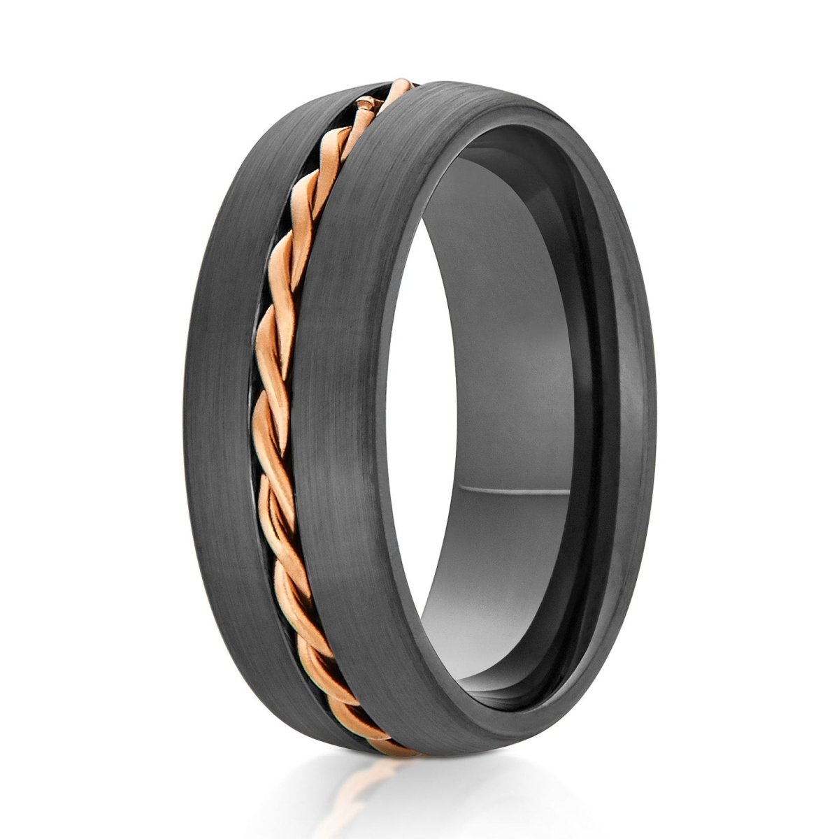 The Monarch, a 8mm gray tungsten ring with a brushed finish and domed design with a metal rose gold rope inlay in the center.