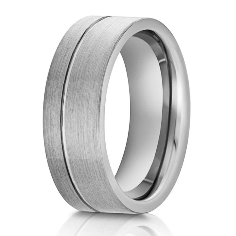 The Monument, mens silver tungsten wedding band with a brushed finish and grooved center. Scratch resistant ring for mens wedding band, or a gift.