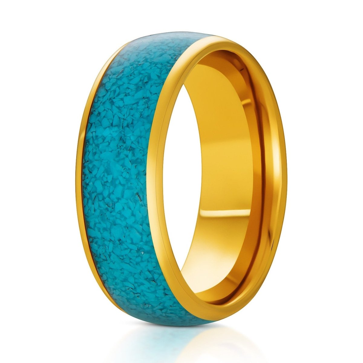 The Myth, a 8mm gold domed tungsten ring with a polished finish that features a blue crushed turquoise inlay in the center.