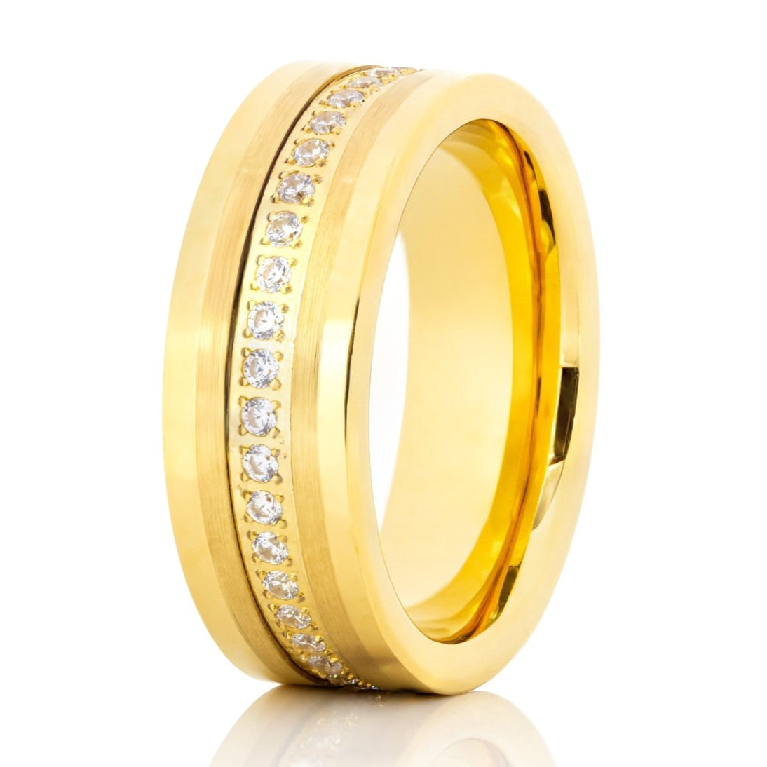 The Nevis, a gold tungsten carbide ring with a polished finish and brushed lines that feature CZ diamonds.