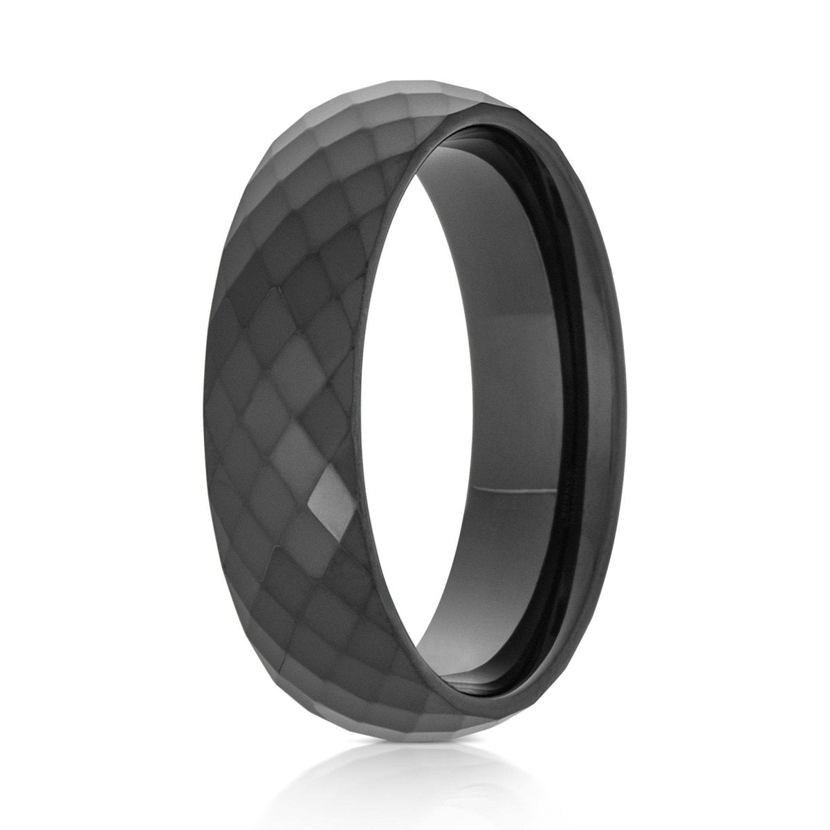 The Nightfall, a 6mm faceted and polished black tungsten carbide scratch-resistant ring with a polished band.