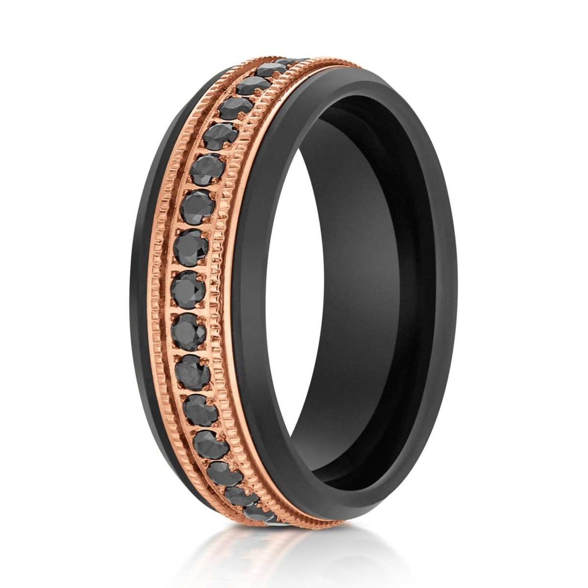 The Noir Crown, a 8mm black and rose gold polished tungsten ring with a milgrain rose gold center with black CZ eternity diamonds in the center.