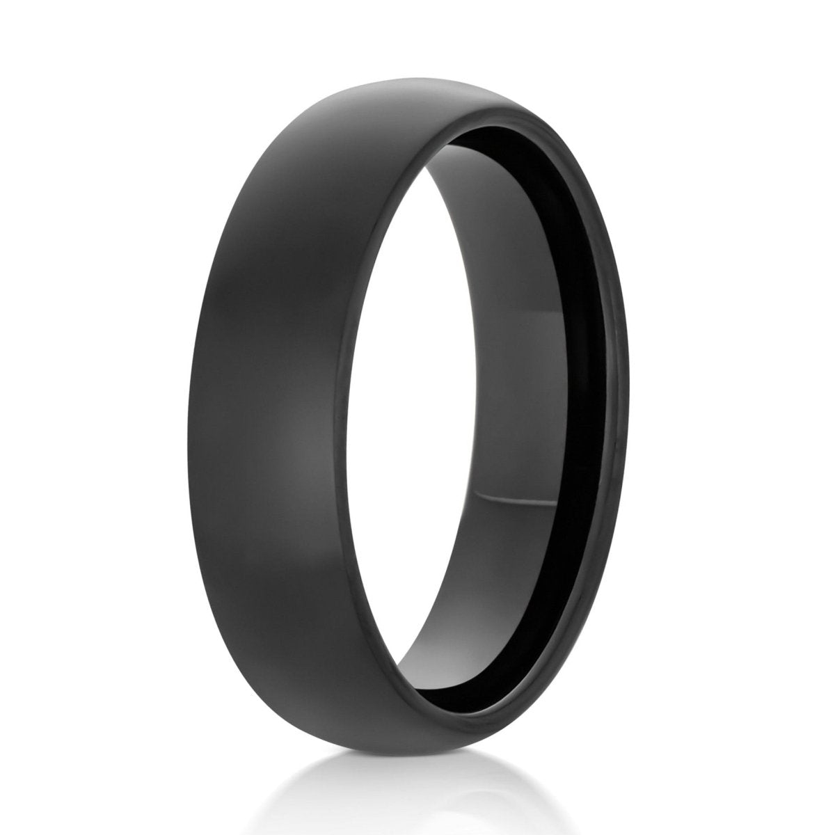The Noir Dome, a 6mm black tungsten scratch-resistant ring with a polished finish and classic domed design.