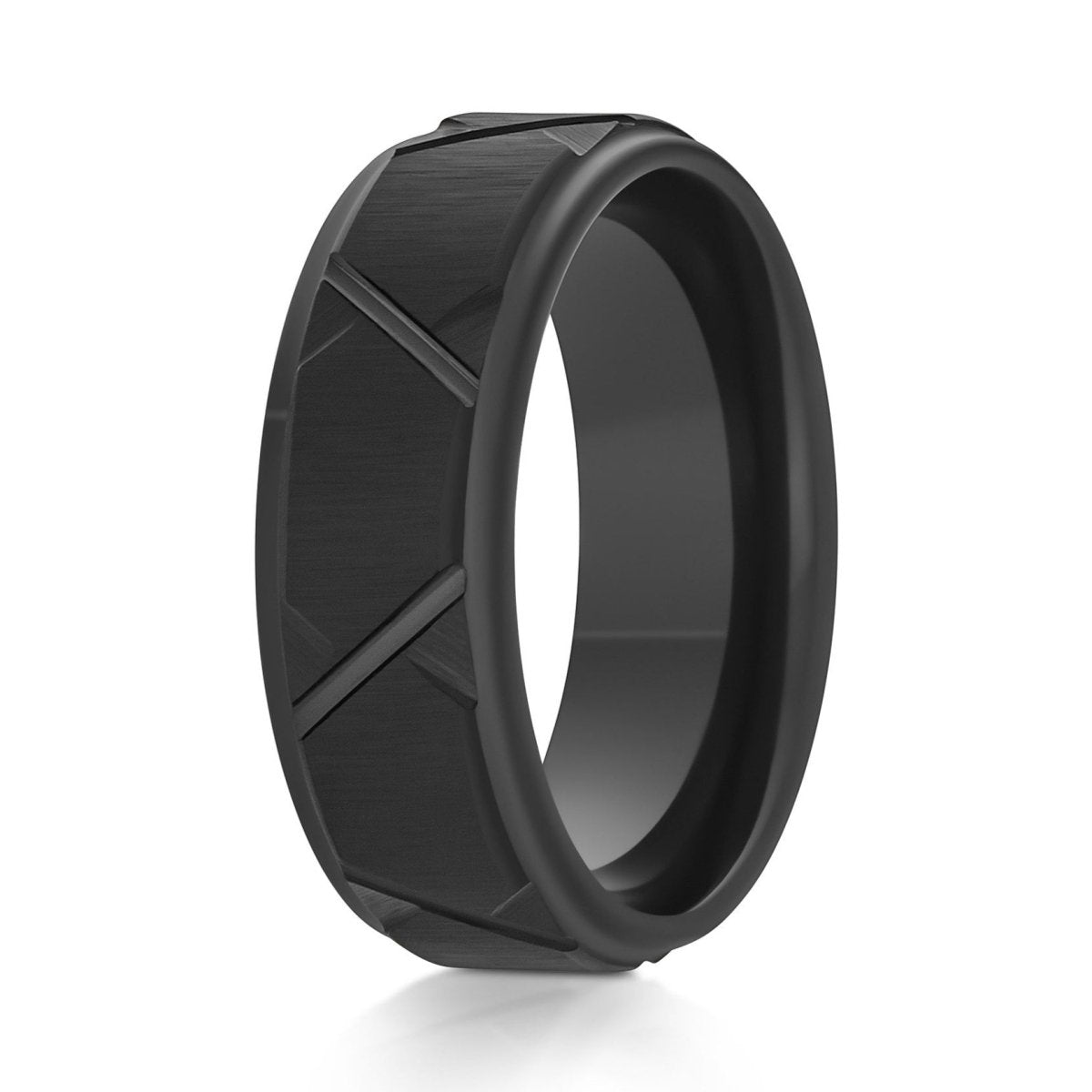 The Obelisk, a 8mm black tungsten wedding band with brushed trapezoids in the center with polished beveled edges.