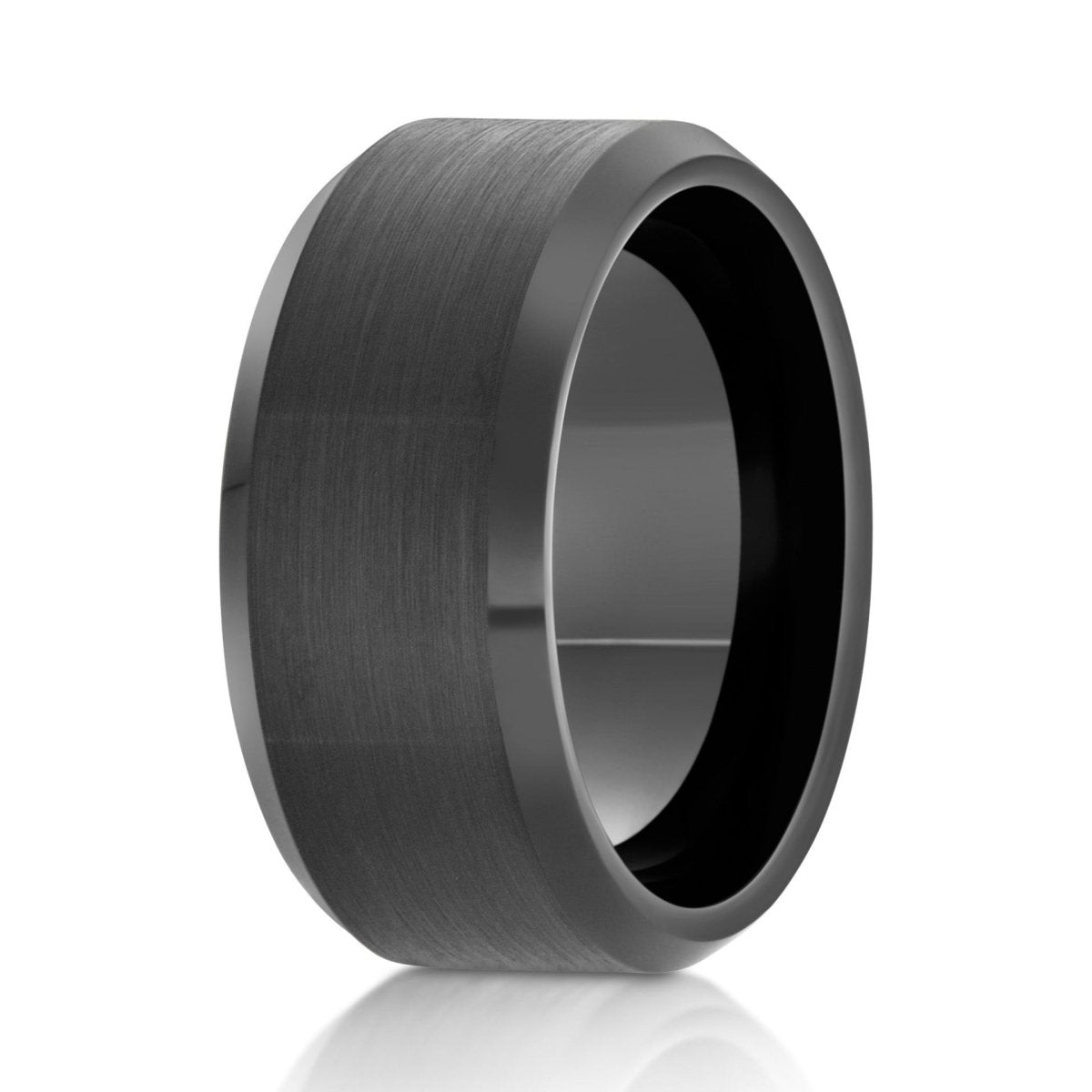 The Obelric, a 10mm black tungsten carbide ring with a brushed finish in the center and sleek, polished edges.