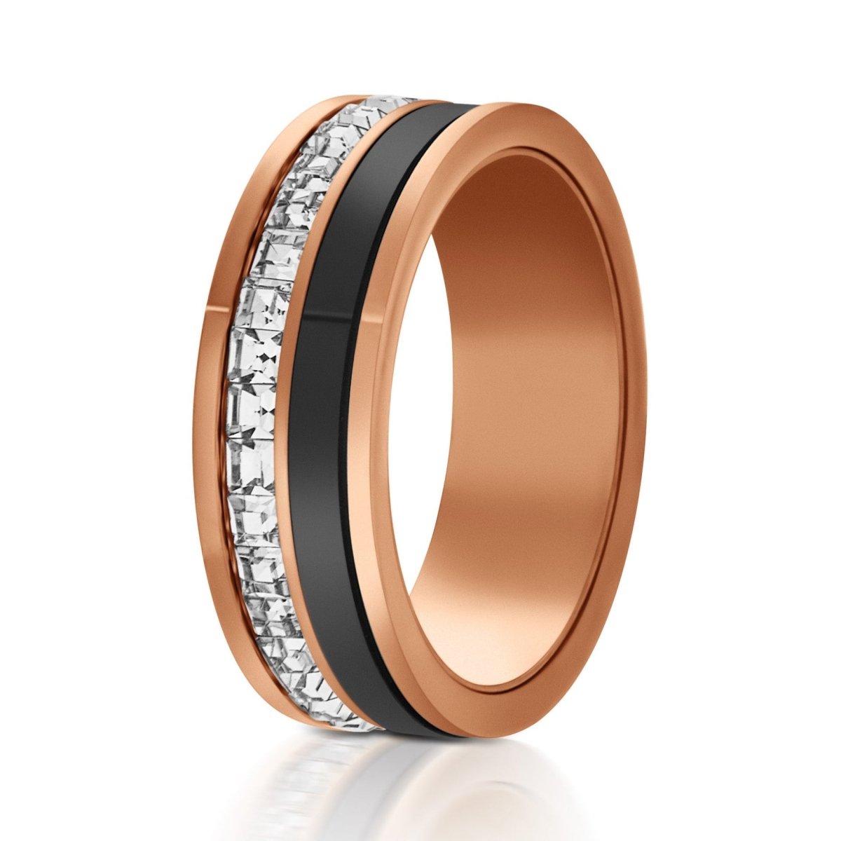 The Obsidian Rose, a 7mm rose gold titanium ring with a polished finish and a black inlay and CZ diamonds in the center.