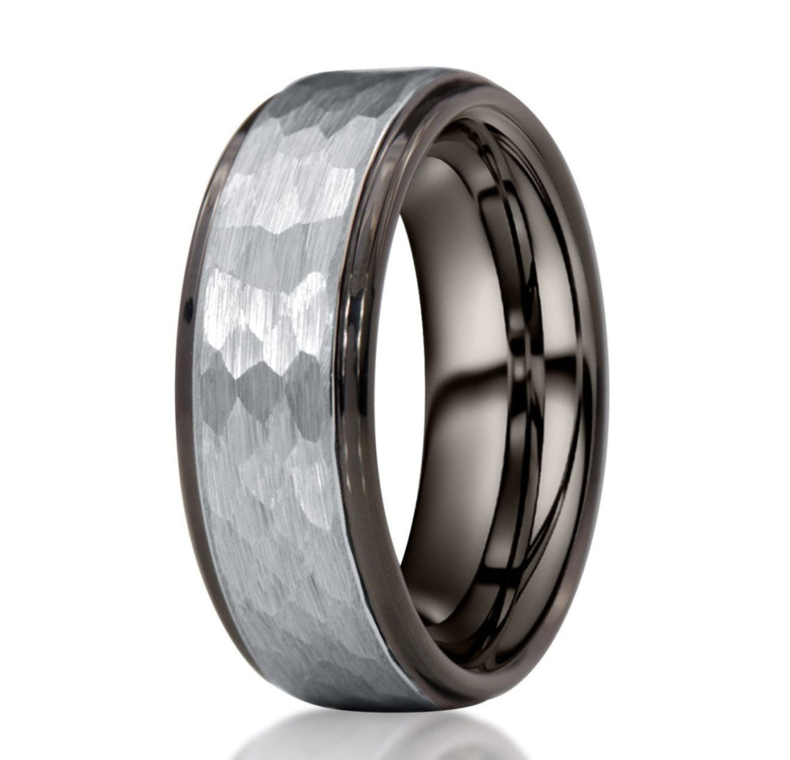The Odin, a black tungsten ring with a polished finish and a silver hammered and brushed center.