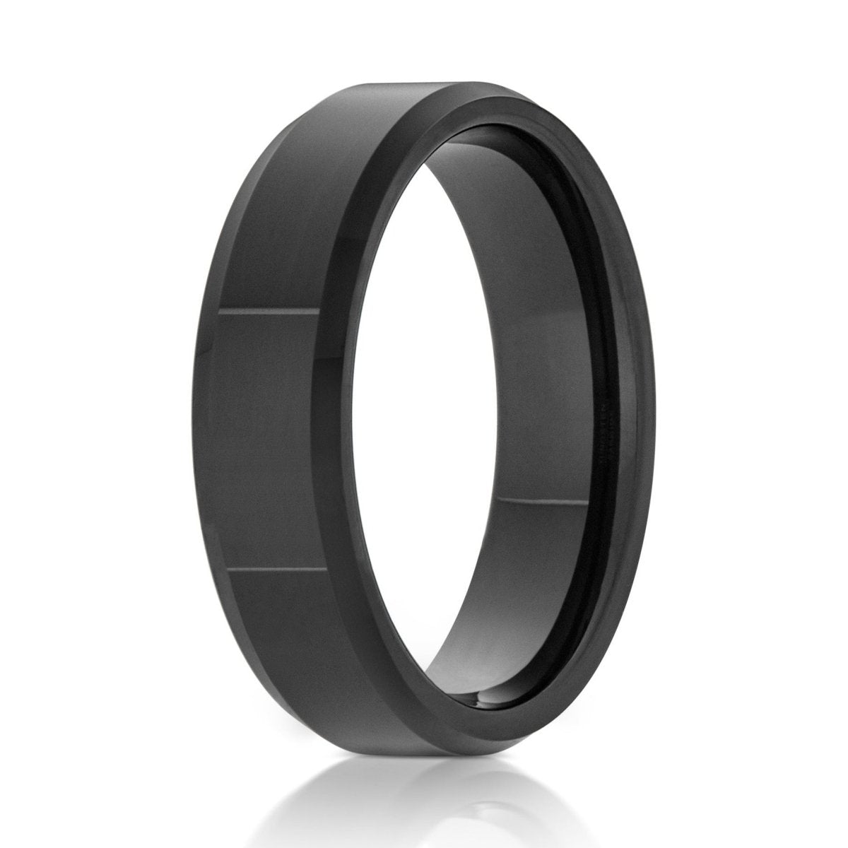 The Onyx Crest, a 6mm black tungsten scratch-resistant ring with a polished finish and beveled edge.