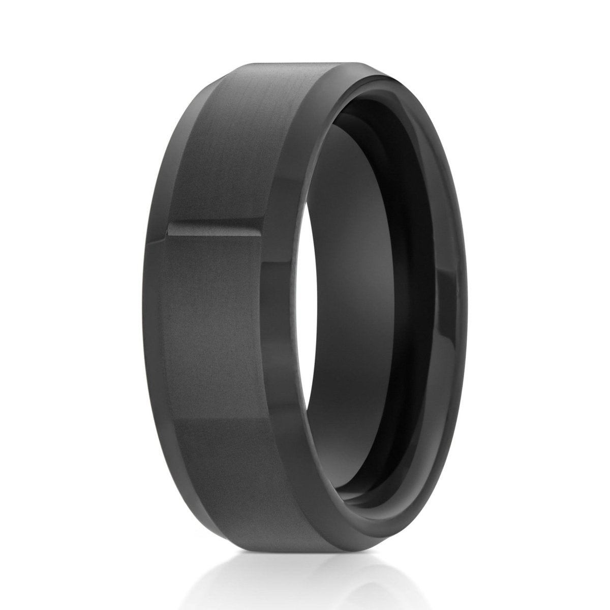 The Onyx Edge, a 8mm black tungsten scratch-resistant ring with a polished finish and beveled edge.