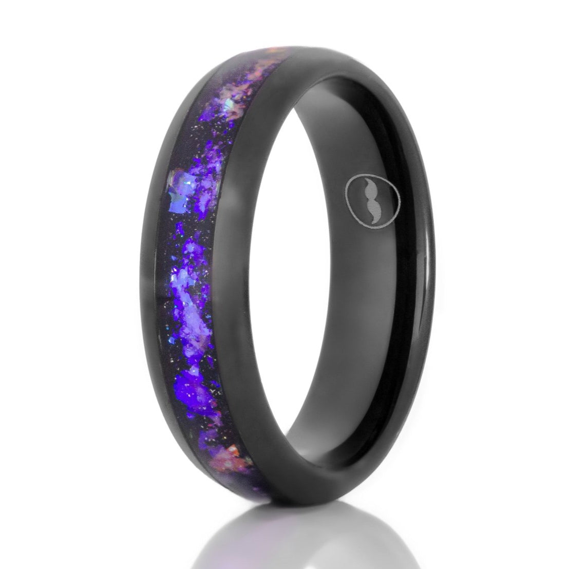 The Orion Nebula, a 6mm black tungsten carbide ring with a polished finish that features a meteorite and blue sandstone inlay in the center.