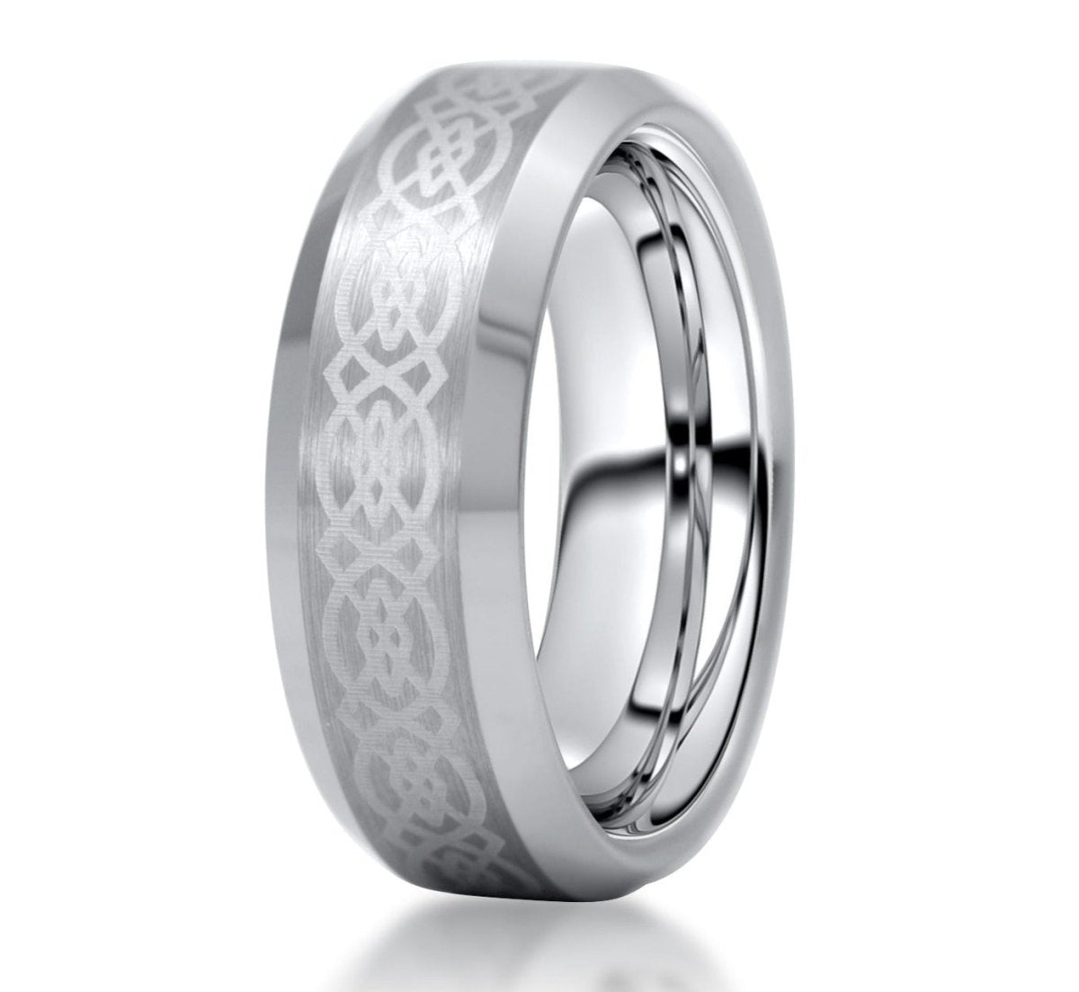 The Overlander, a 8mm silver tungsten carbide ring that features a brushed center finish with a laser engraved celtic design and sleek, polished edges.