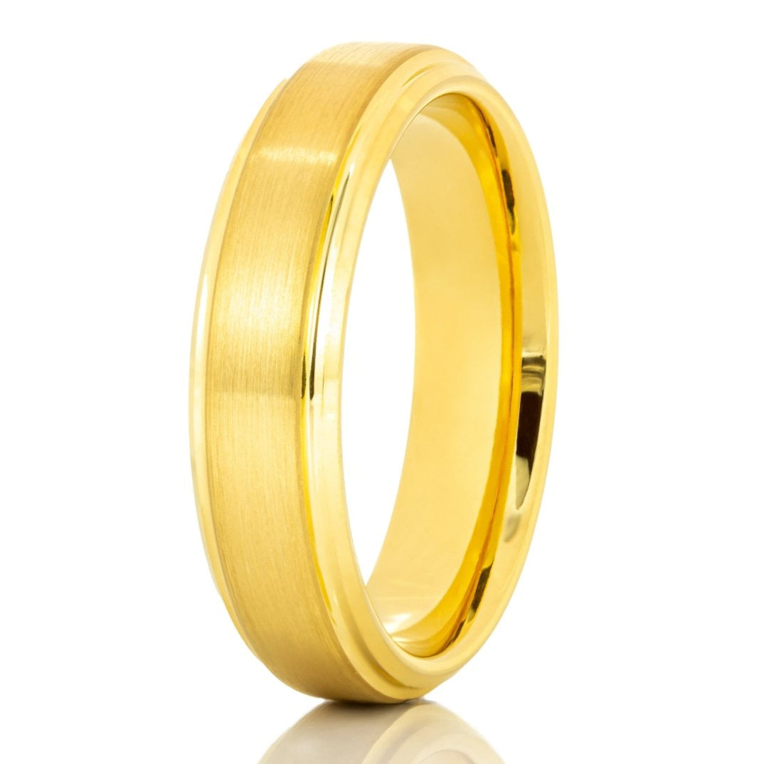 The Ozark, a 6mm gold tungsten carbide scratch-resistant ring that features a brushed center and polished edges.