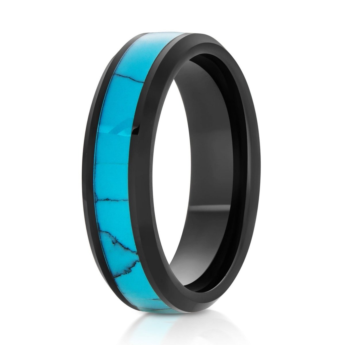 The Pacific, a 6mm black tungsten ring with a polished finish and a blue turquoise inlay in the center.