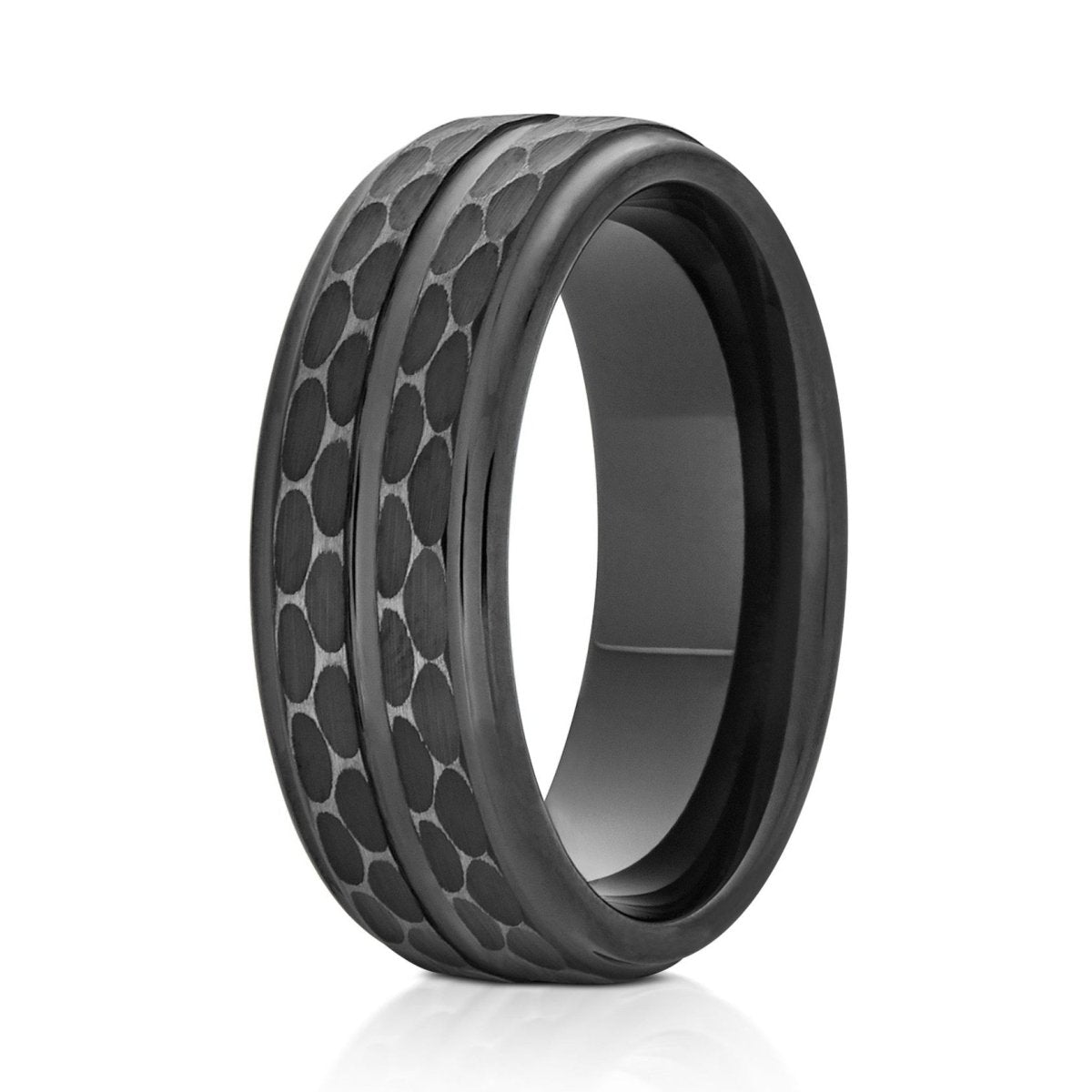 The Panthera, a 8mm black tungsten ring with a brushed center and polished beveled edges that feature leopard spots in the middle.