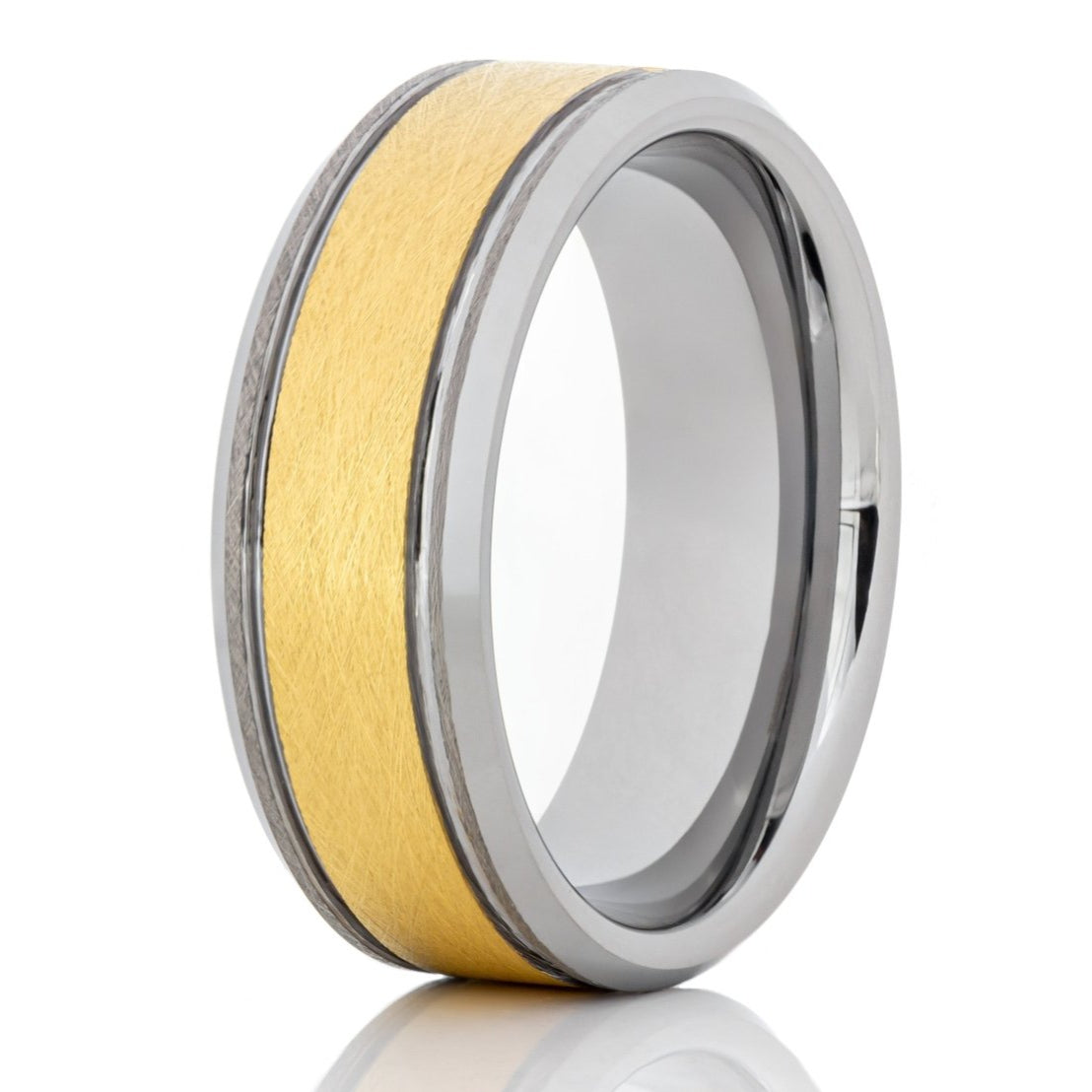 The Patriot, a silver and gold tungsten carbide scratch-resistant ring with a polished finish and wire brushed gold center.
