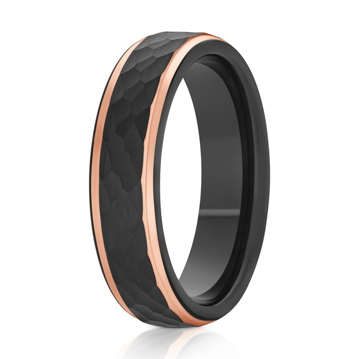 The Phoenix, a 6mm black tungsten ring with a hammered and brushed center with rose gold polished beveled edges.