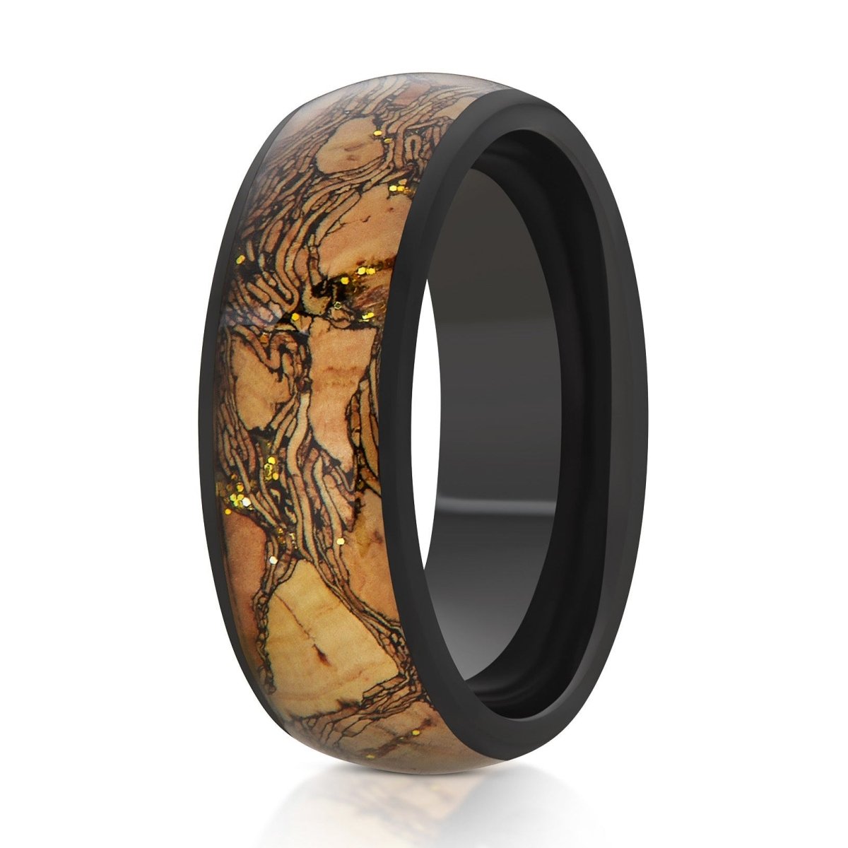 The Pillar, a 8mm black tungsten ring with a polished finish that features a cork and gold glitter inlay in the center.