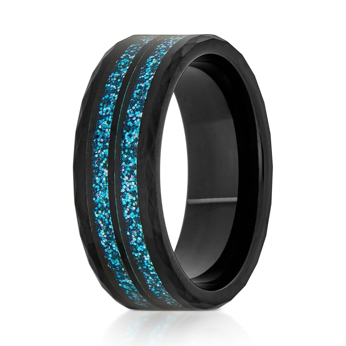 The Polaris, a 8mm black tungsten ring with a faceted finish and a vivid blue glitter inlay.