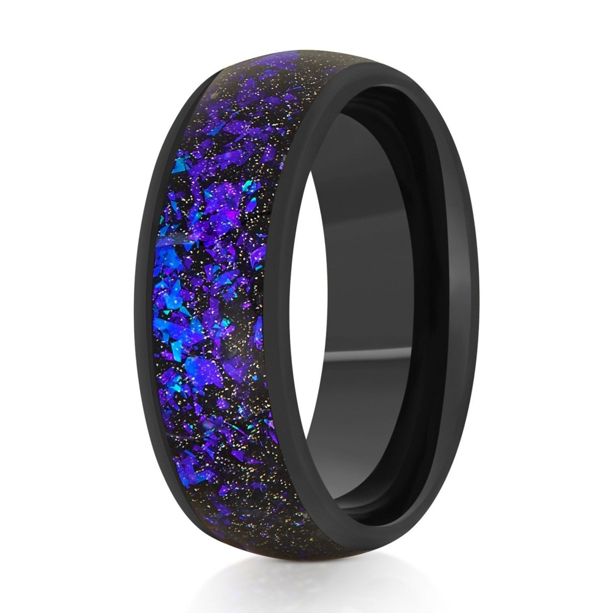 The Poseidon, a 8mm black tungsten ring that features a polished finish and a blue opal and abalone fragments inlay in the center.