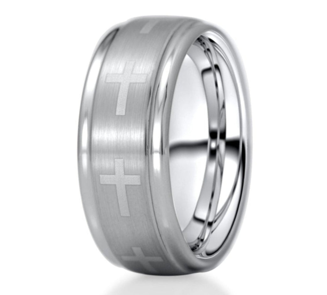 The Preacher, a 9mm silver tungsten carbide scratch resistant ring with a brushed center and polished edges that features laser engraved crosses.