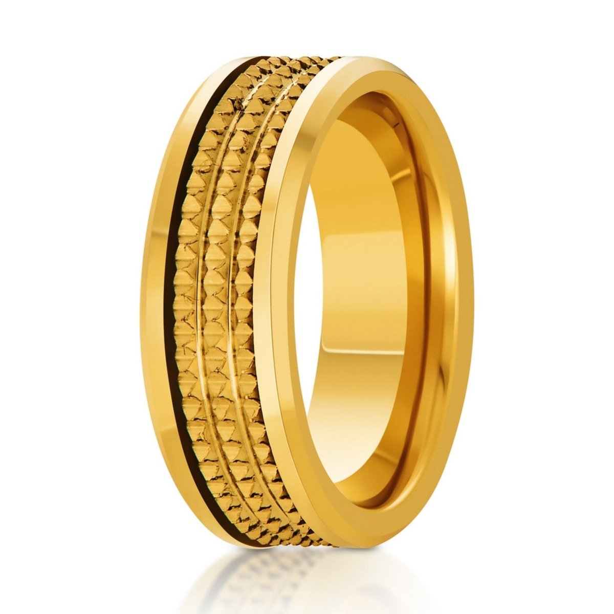 The Precipice, a 8mm gold tungsten ring with a polished finish and a jagged textured center.