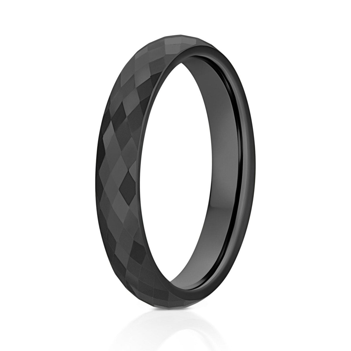 The Prism, a 4mm black tungsten ring that features a faceted and polished finish.