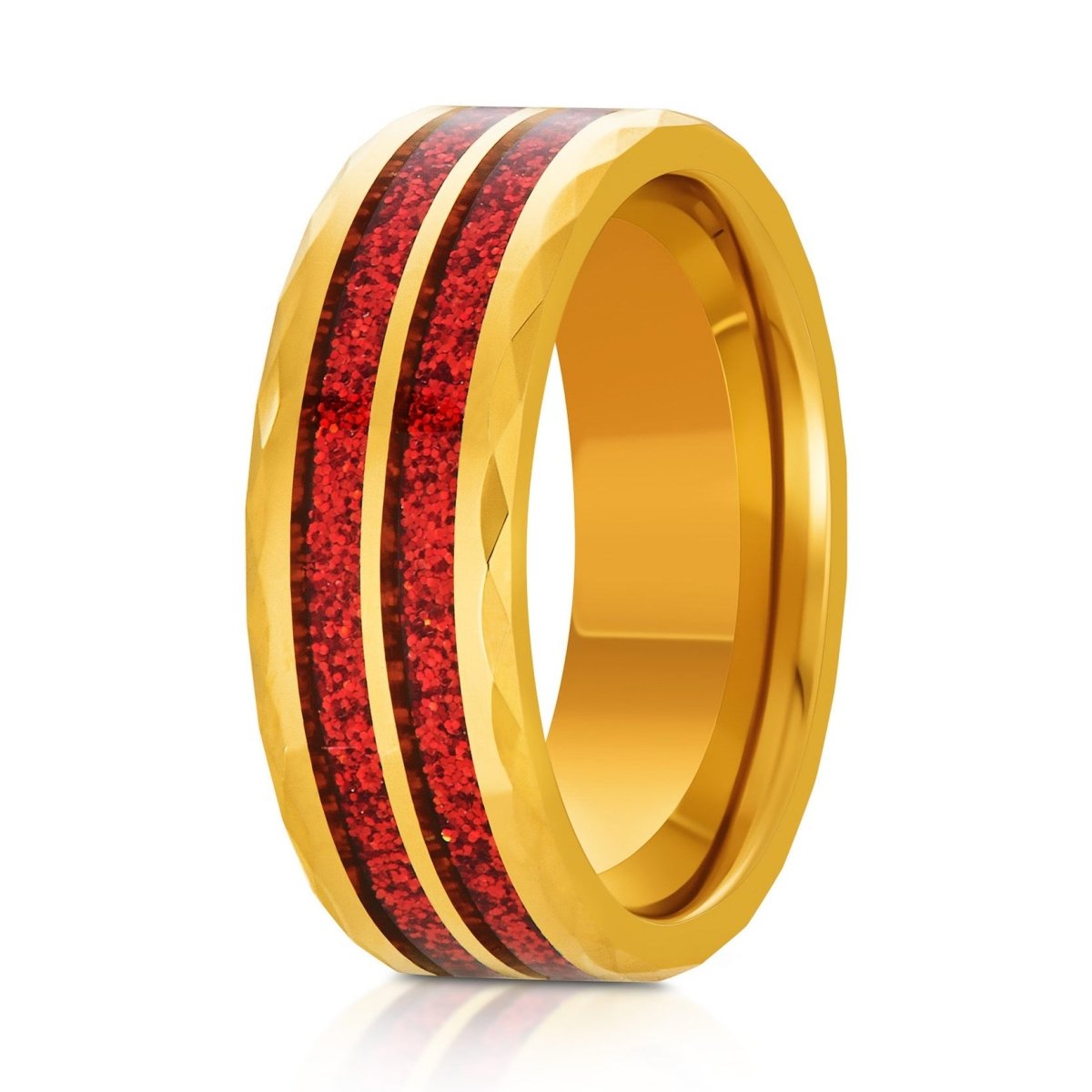 The Pyre, a 8mm gold tungsten ring with a faceted finish and a vivid red glitter inlay.