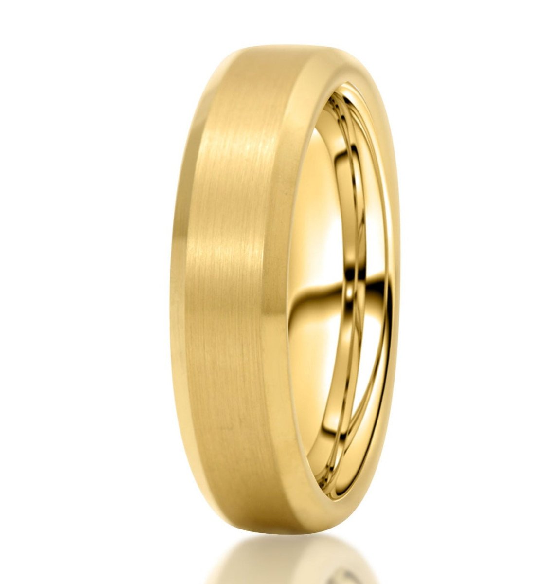 The Quincy, a 6mm gold tungsten carbide scratch-resistant ring with a brushed center and sleek, polished edges.