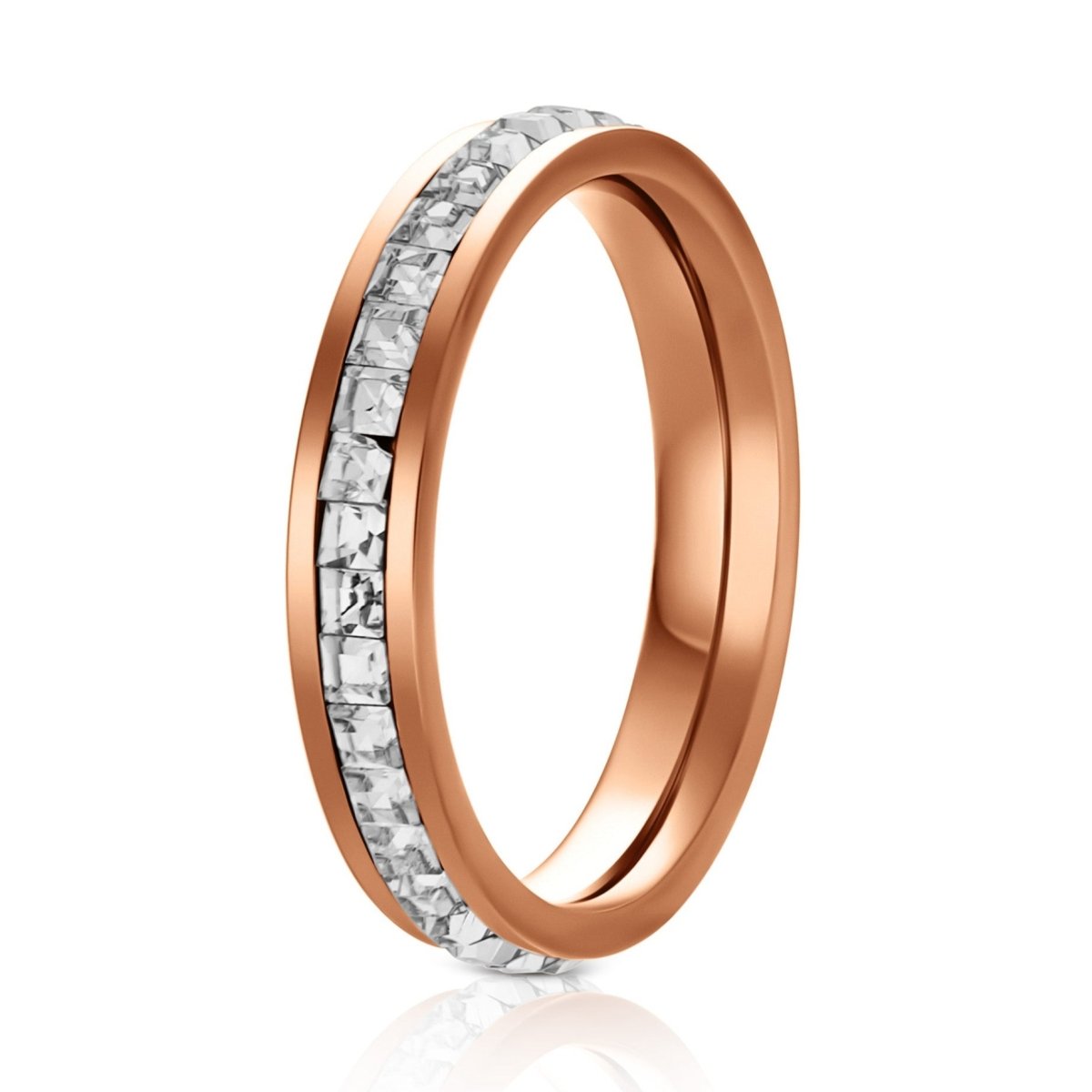 The Radiance, a 4mm rose gold titanium ring with a polished finish and white CZ diamonds in the center.