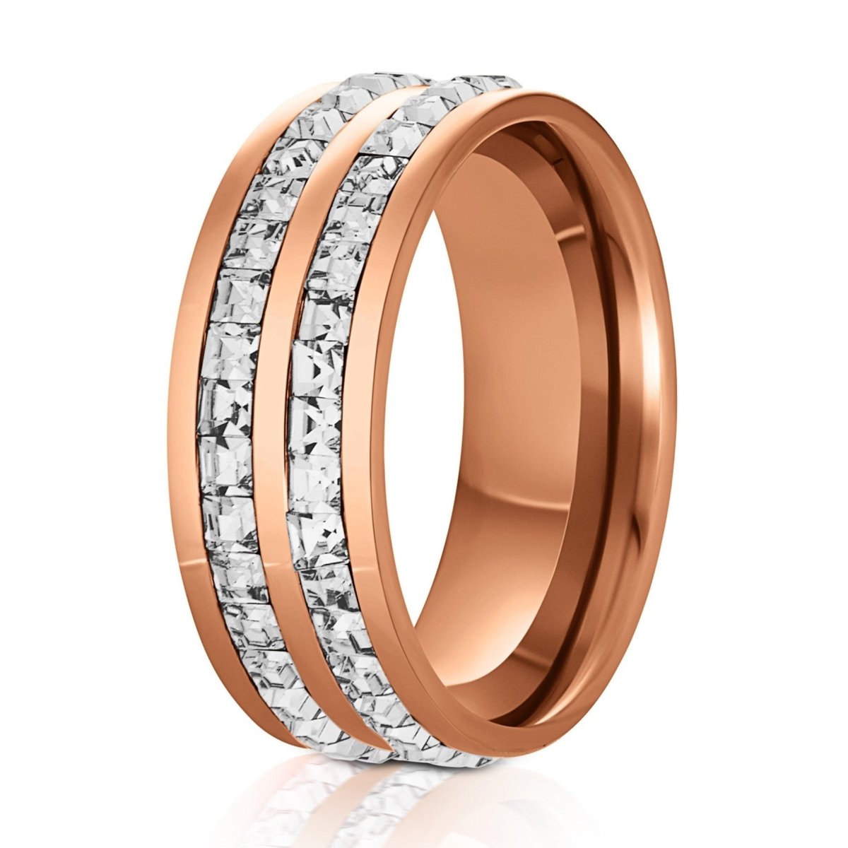 The Radiant Duo, a 8mm rose gold titanium ring with a polished finish and two CZ diamond bands in the center.