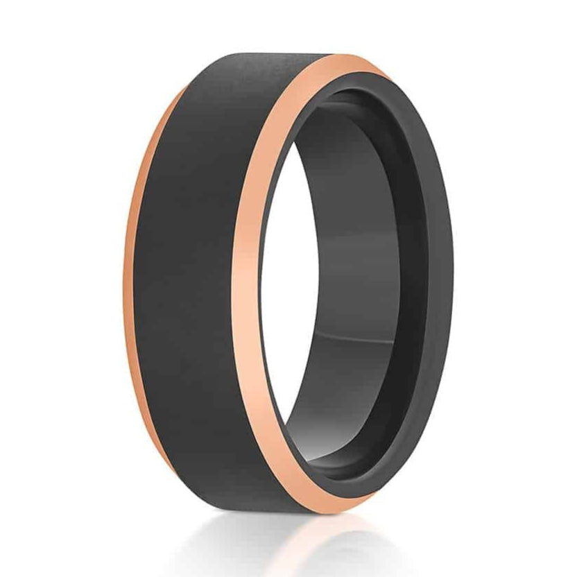 The Raven, a black and rose gold tungsten carbide scratch-resistant ring that features a brushed, black center and sleek, polished rose gold edges.