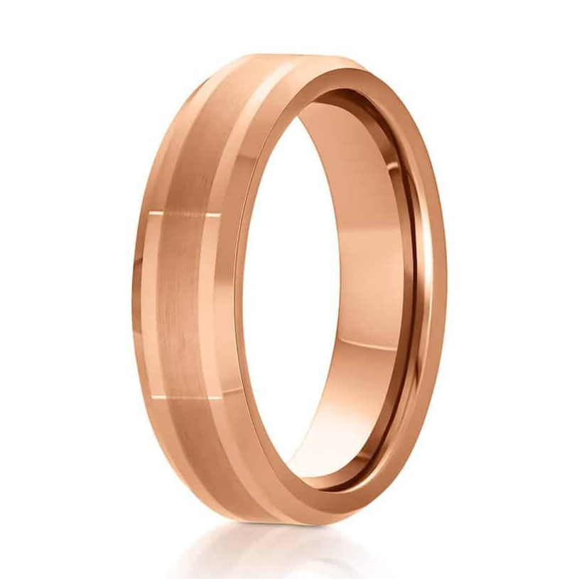 The Reign, a 6mm rose gold tungsten carbide scratch-resistant ring that features a brushed center and polished edges and band.
