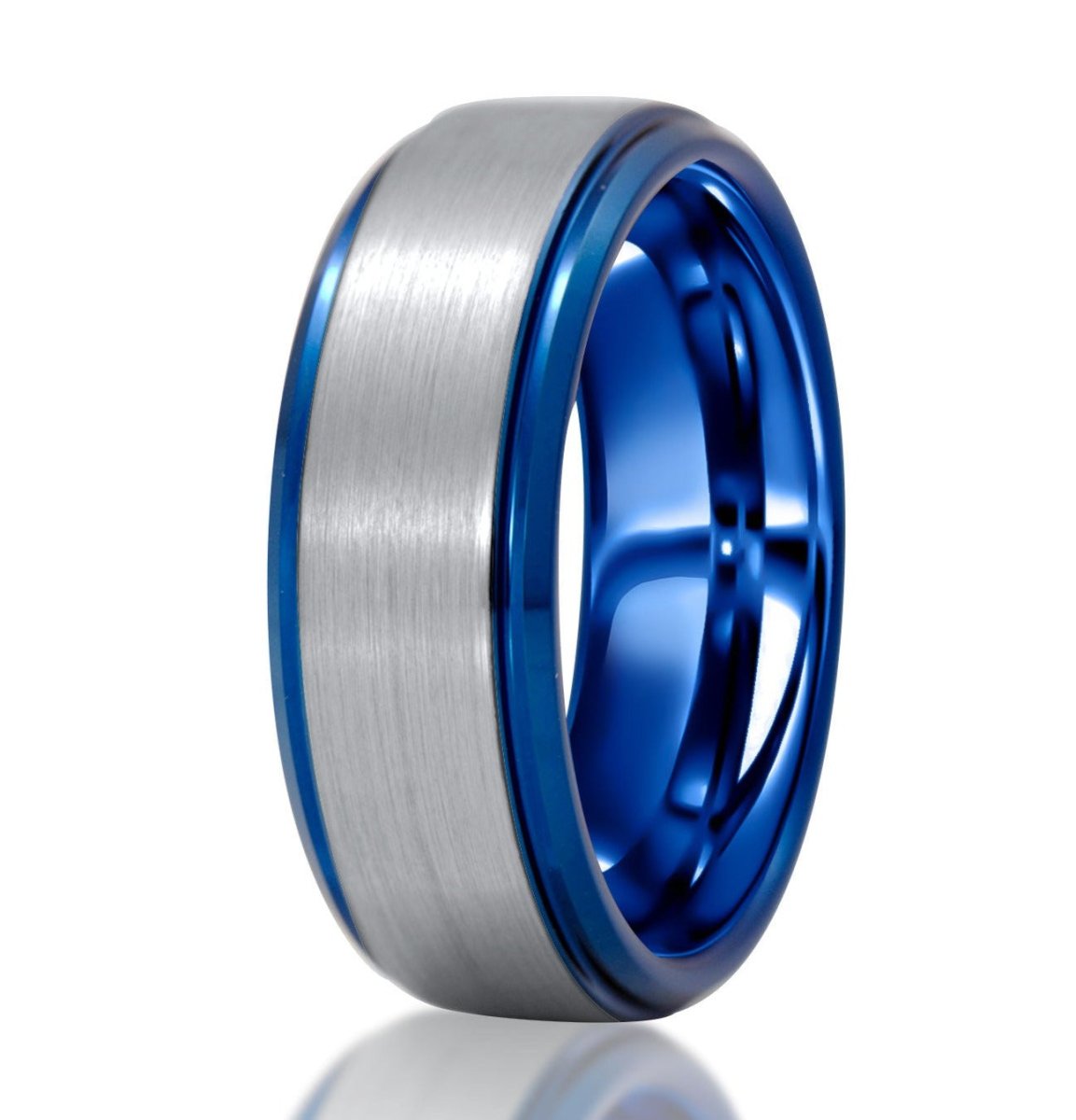 The Rocker, a blue and silver tungsten carbide scratch-resistant ring with a silver, brushed center and blue polished edges and band.