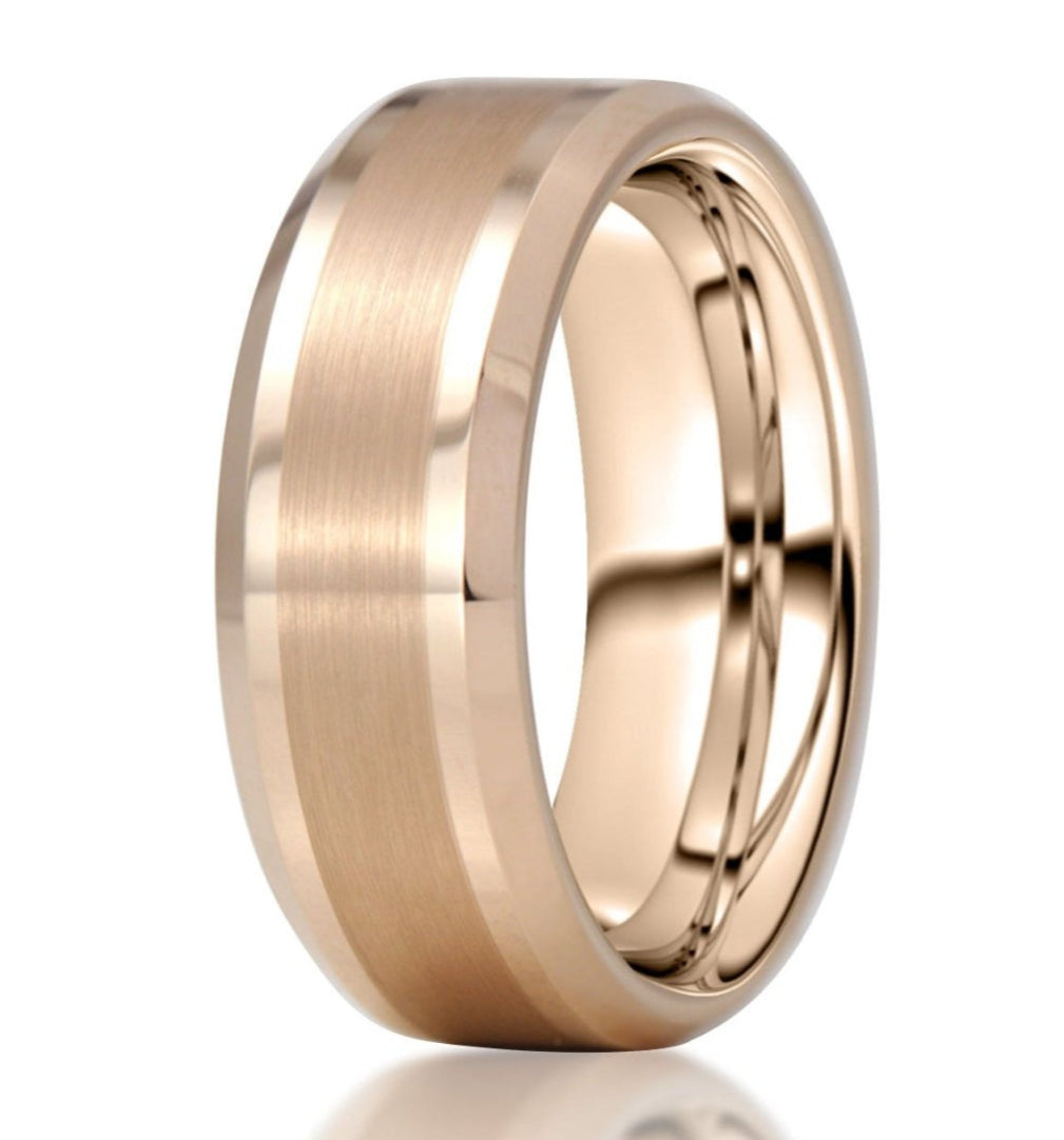 The Rose, a rose gold tungsten carbide scratch-resistant ring with a brushed center and sleek, polished edges.