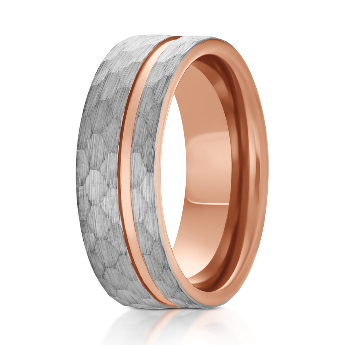 The Rosebound, a 8mm silver tungsten ring that features a hammered and brushed finish with a sleek, polished rose gold groove and band.