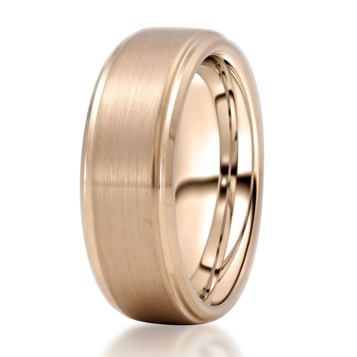 The Ross, a rose gold tungsten ring that features a brushed center with sleek, polished, beveled edges.