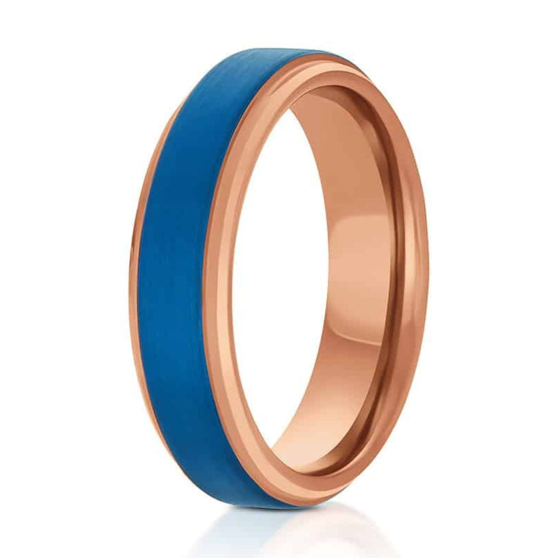 The Rossmoor, a 6mm rose gold tungsten carbide ring with a polished finish and a blue, brushed finish center.