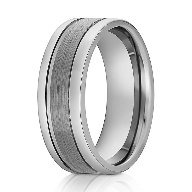 The Ruler, mens wedding band with brushed center and polished edges. Also has center grooves.