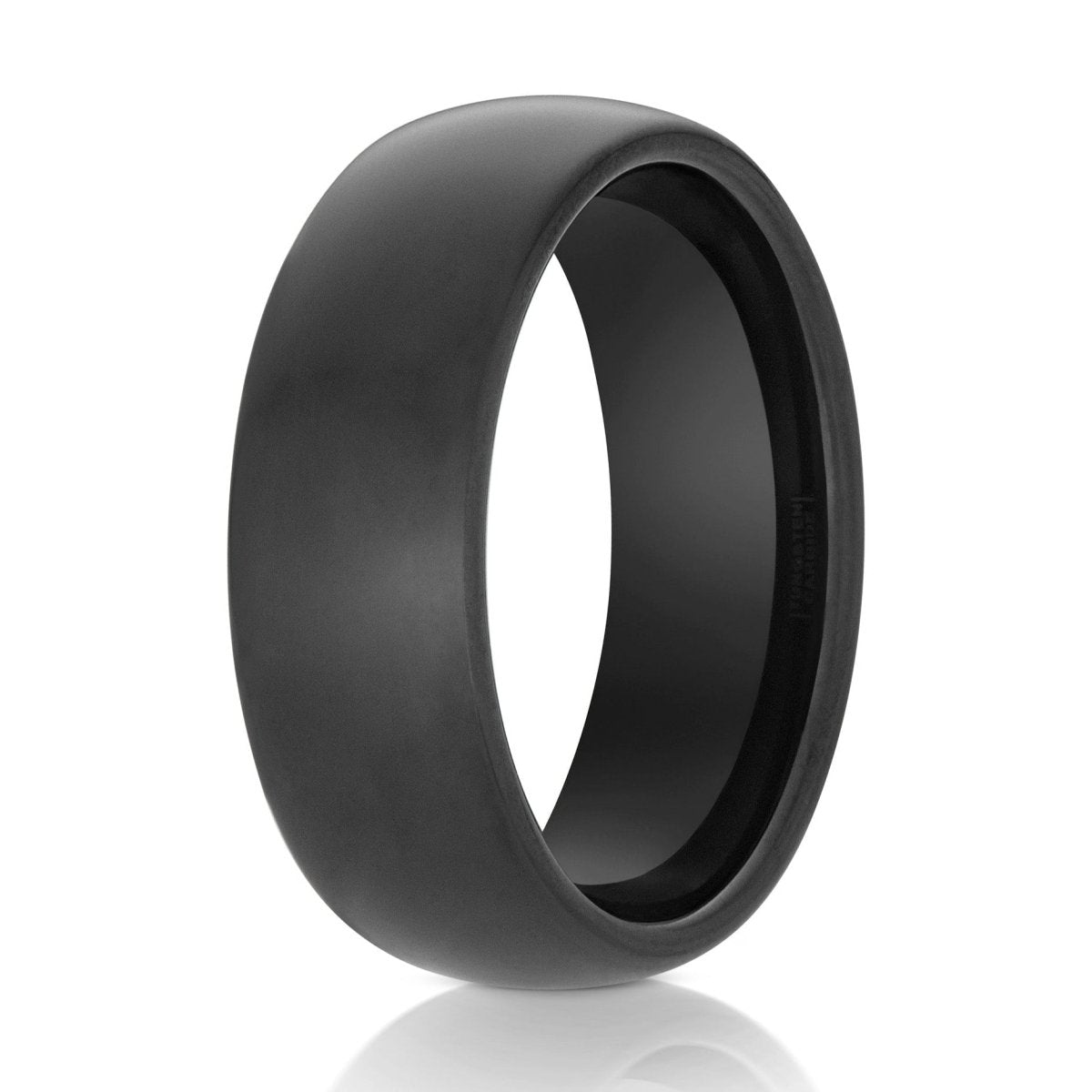 The Shadowfall, a 8mm black tungsten scratch-resistant ring with a polished finish and classic domed design.