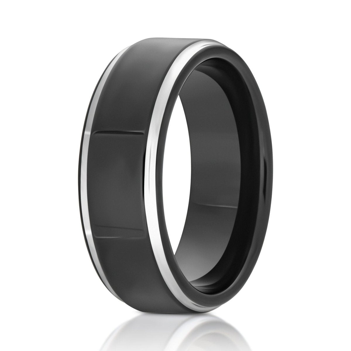 The Shadowmark, a 8mm black tungsten ring with a polished finish and silver, stepped edges.