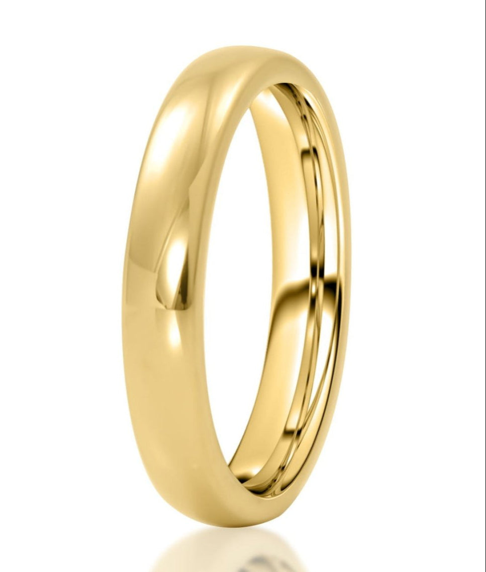 The Shepherd, a gold tungsten carbide scratch-resistant ring with a 4mm width and a sleek, polished finish.